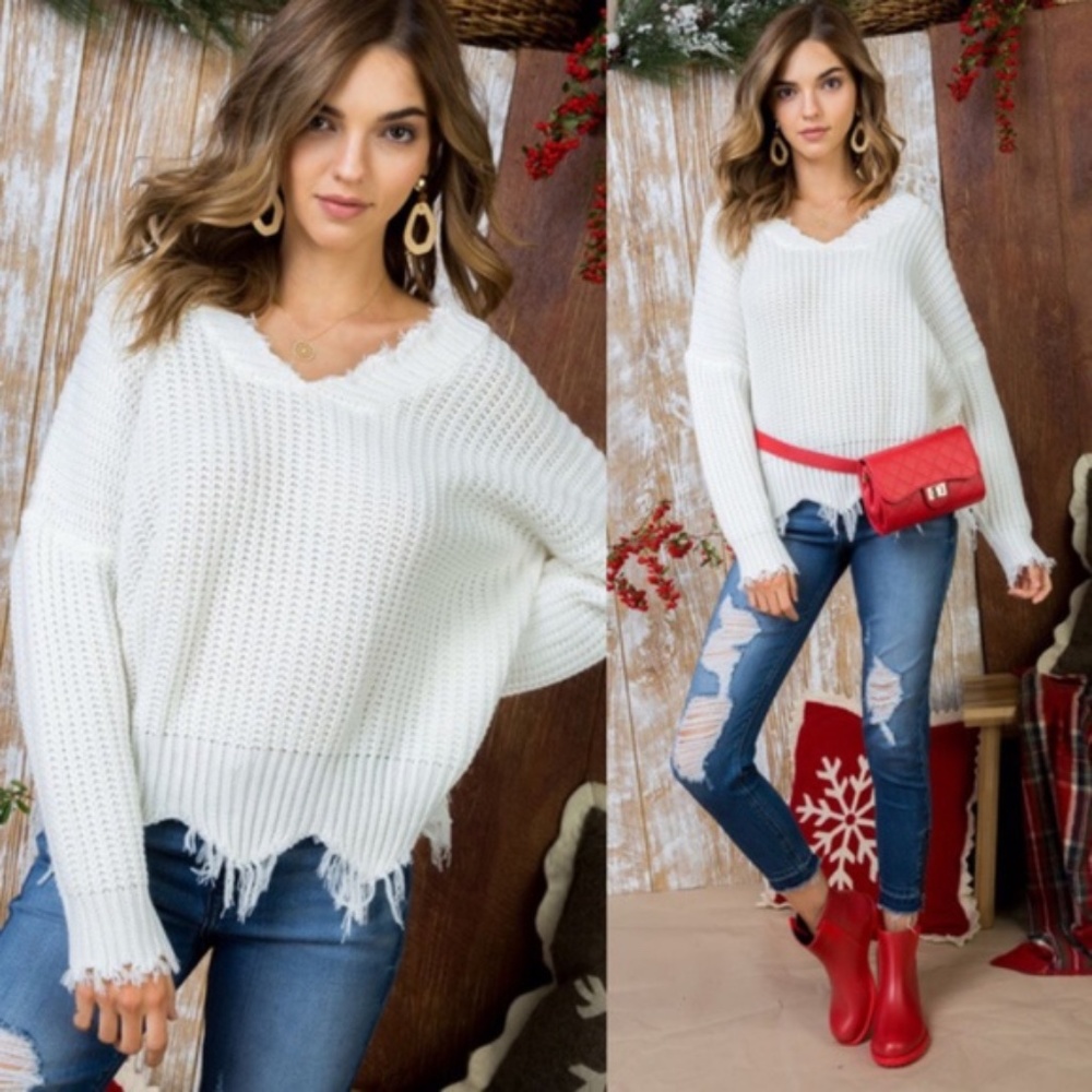White v neck Frayed Hem knit Sweater Top - Picture 2 of 4